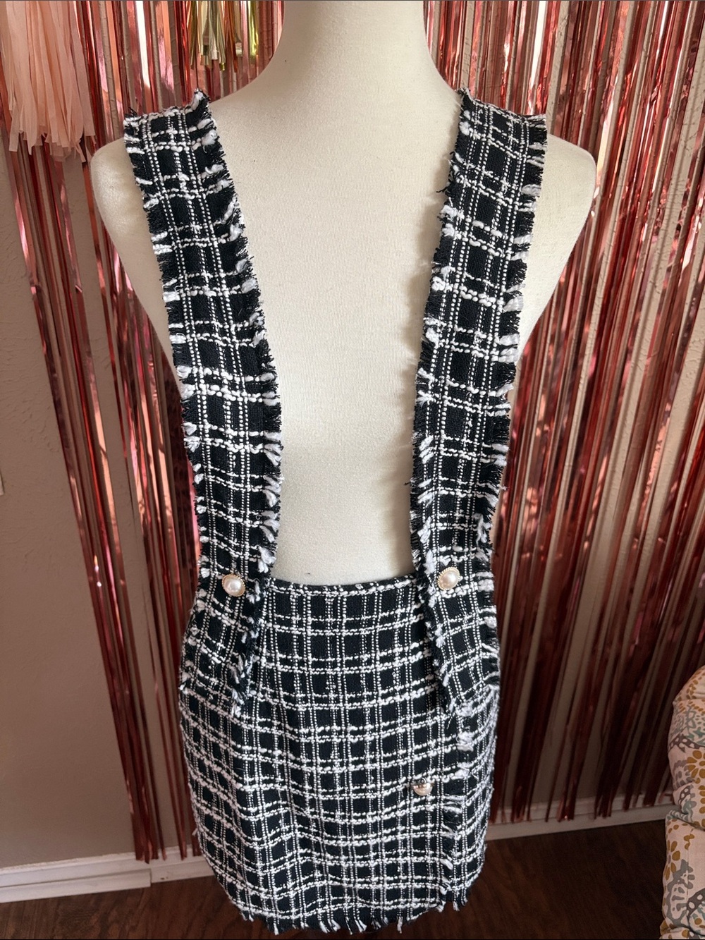Black and White Tweed Mini Skirt with Suspender Straps Peal Buttons